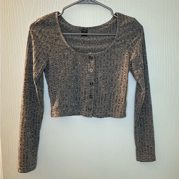 SHEIN gray ribbed‎ long sleeve button up cropped sweater women’s juniors small - Picture 1 of 6